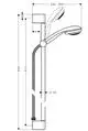 Hansgrohe Brauseset bestehend aus einer Brausestange mit Halter und einem Duschkopf. Die Zeichnung zeigt die Montage- und Abmessungen des Sets.